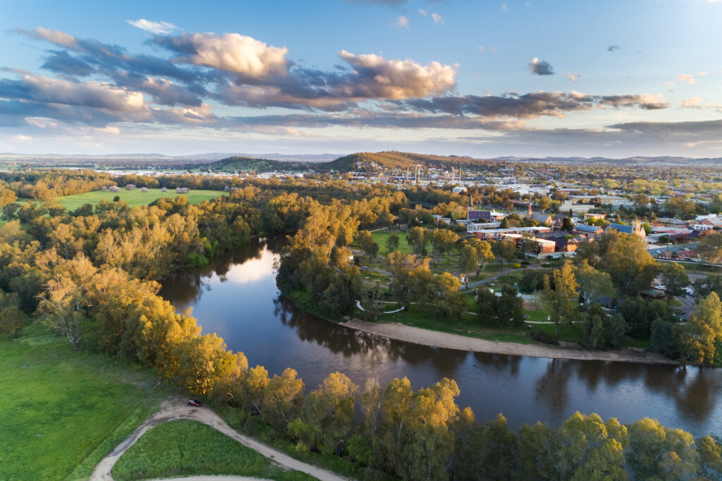 Sunset,Over,The,Murrumbidgee,River,In,Wagga,Wagga,Aerial,Drone